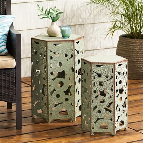 Zeus Ruta In H Antique Green Metal Outdoor Patio Side Table For