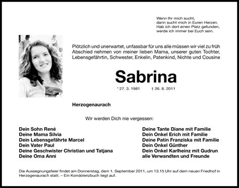 Traueranzeigen Von Sabrina Trauernnde