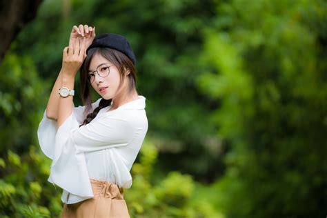 Asian Women Model Long Hair Brunette Depth Of Field Glasses Watch