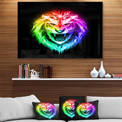 Designart Colorful Fire Lion Animal Digital Art Metal Wall Art Bed