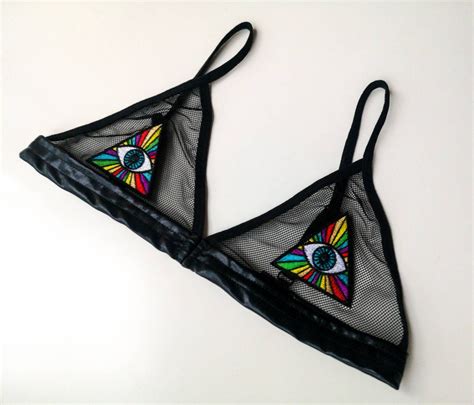 Black Triangle Bralette See Through Mesh Bra Rave Festival Top Rainbow Eye Of Providence