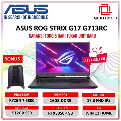 Jual Asus Gaming Rog Strix G17 G713rc Ryzen 7 6800 Rtx3050 4gb 16gb