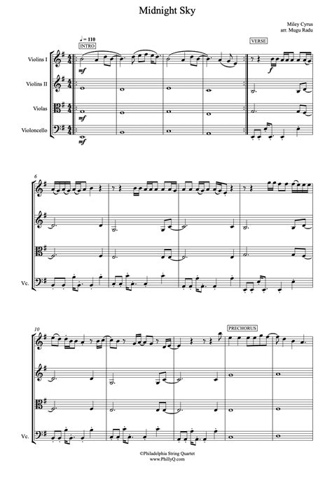 Midnight Sky by Miley Cyrus - String Quartet Sheet Mus