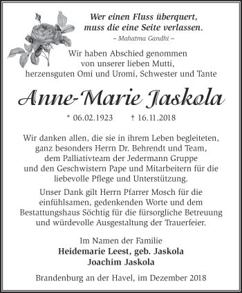 Traueranzeigen von Anne Marie Jaskola Märkische Onlinezeitung