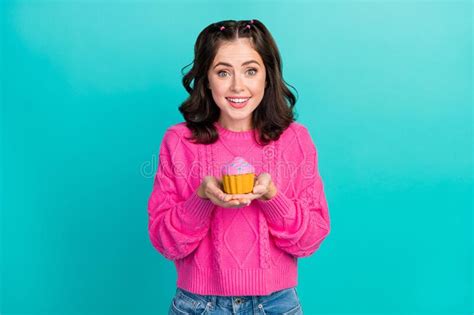 Photo Of Nice Cute Gorgeous Girl Wear Pink Pullover Holding Cupcake