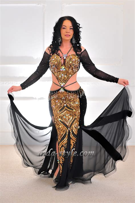 Elegant Black With Gold Belly Dance Costume Aida Style