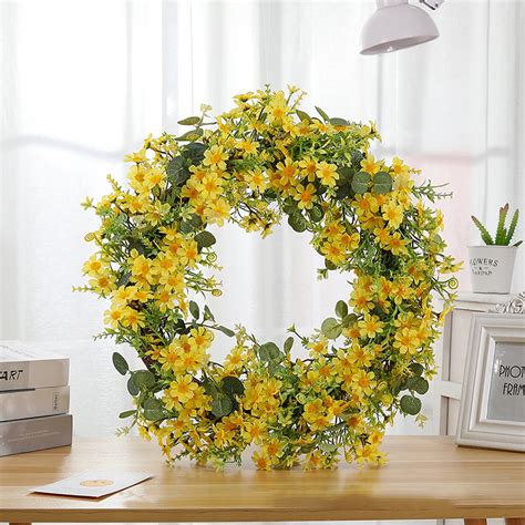 Zioy Artificial Wreath Yellow Flowers Eucalyptus Diy Spring Wall Door