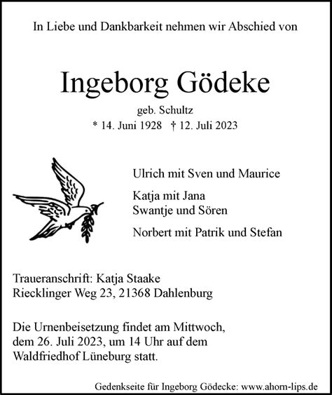 Traueranzeigen von Ingeborg Gödeke Trauer Lüneburg de