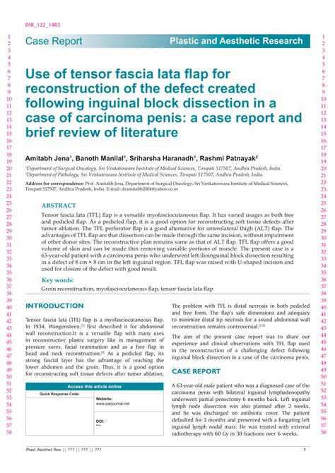 Pdf Use Of Tensor Fascia Lata Fl Ap For Reconstruction Of The Defect
