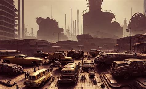 In An Atompunk City With Vehicles Highly Detailed Stable