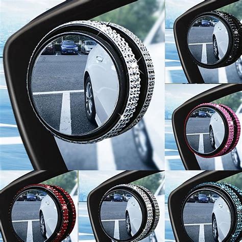 2pcs Car Rearview Mirror Reversing Rhinestone Small Round Mirror