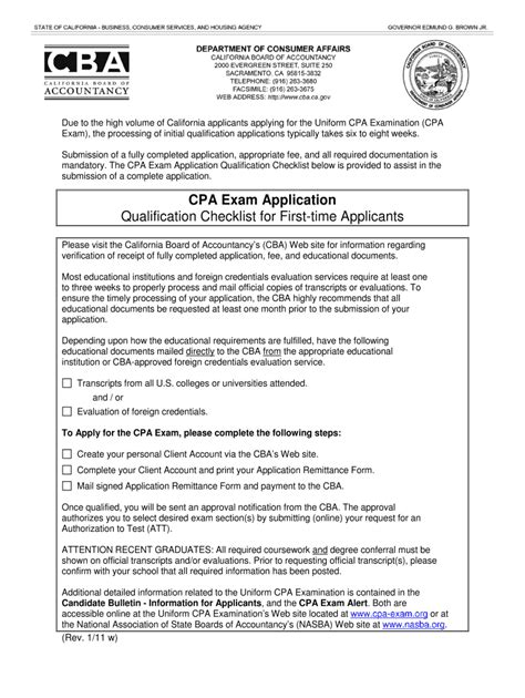 Fillable Online Dca Ca Cpa Exam Application Qualification Checklist For