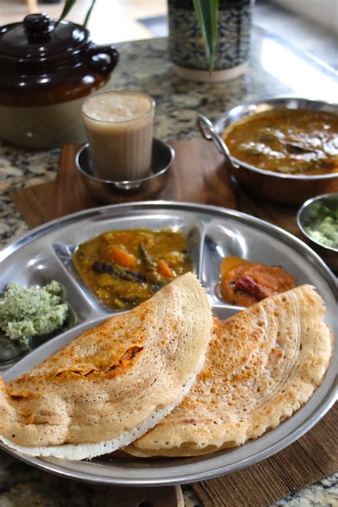 Masala Dosa With Potato Filling Sambar Tomato Chutney Mint Coconut Chammanthi Coffee South