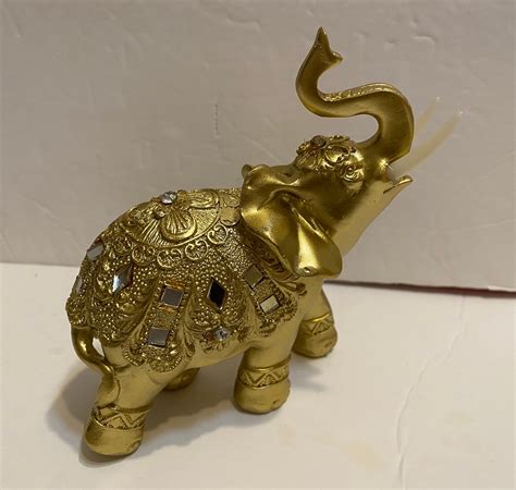 Feng Shui Gold Elegant Elephant Trunk Statue Lucky Wealth Etsy