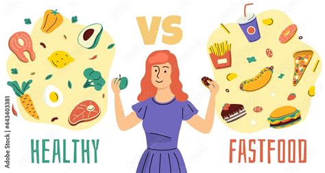 Healthy Unhealthy Food Girl Chooses Between Proper Nutrition And Fast