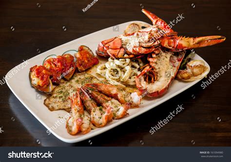 Grilled Red Lobster And Seafood On Platter. Stock Photo 161094980 ...