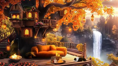 Autumn Cozy Ambience On Treehouse Porch With Falling Leaves Birdsong