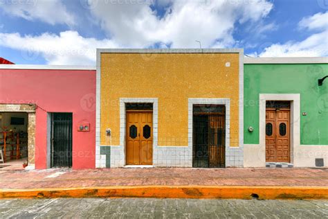 Bright Colors In Colonial Houses On A Sunny Day In Campeche Mexico