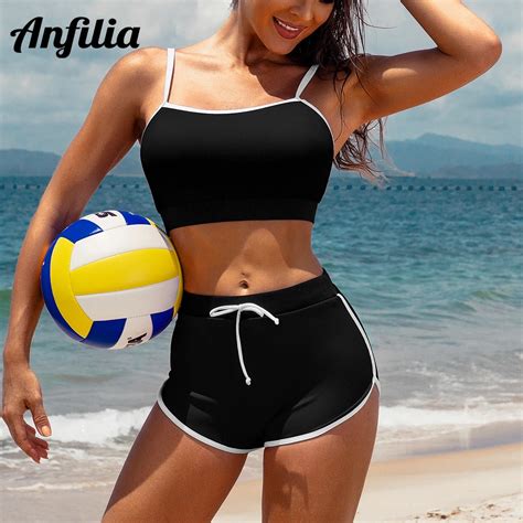 Anfilia Women Sporty Casual Crop Bikini Set Two Piece Set Color Block