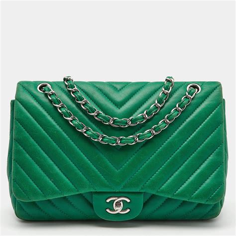 Chanel Green Chevron Leather Jumbo Classic Single Flap Bag Chanel The