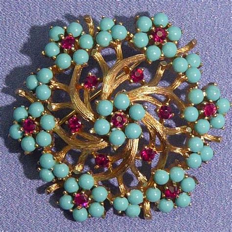 Rare Signed Crown Trifari Brooch Turquoise Cabochon And Faux Trifari