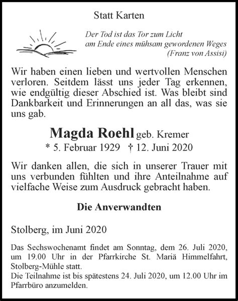 Traueranzeigen Von Magda Roehl Aachen Gedenkt