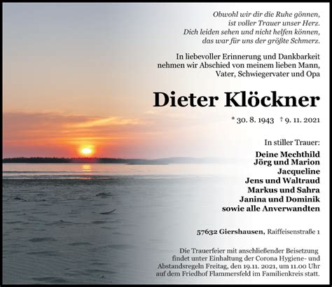 Traueranzeigen von Dieter Klöckner rz trauer de