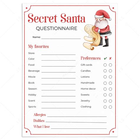 Secret Santa Questionnaire Free Printable Free Printable Hq