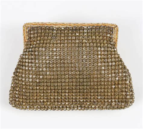 C 1950 S Gold Rhinestone Mesh Scalloped Edge Detail Evening Bag Clutch