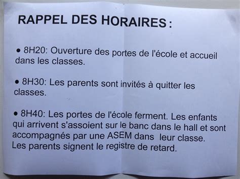 Ecole Maternelle Emile Duployé Paris 18 RAPPEL DES HORAIRES