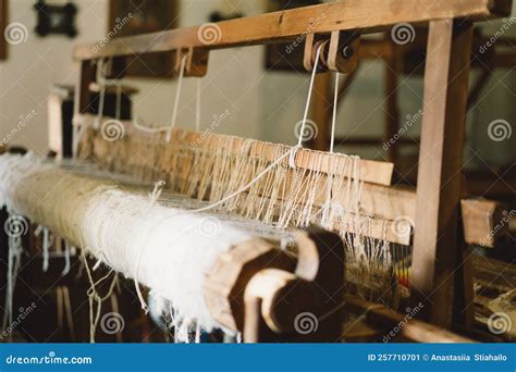 Old Wooden Hand Loom Ancient Weaving Loom In Interior Of Wooden Log