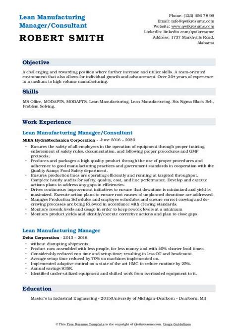 Lean Manufacturing Manager Resume Samples Qwikresume