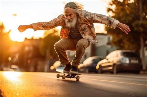 Premium Ai Image Cool Grey Haired Older Senior Man Skateboarding On