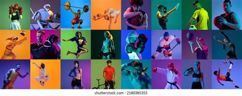 Sport Collage Professional Athletes On Gradient Stock Photo 2180385355
