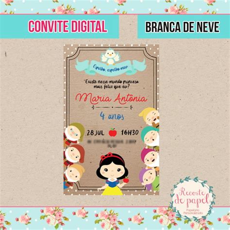 Convite Branca de Neve e os sete anões DIGITAL Elo7