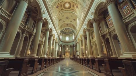 Premium Photo A Spacious Church Interior With Rows Of Pews Ideal For