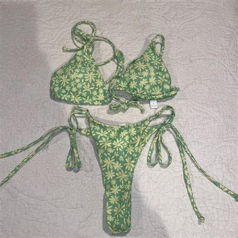Green Floral Thong And Tie Up Bikini Set Brand New Depop