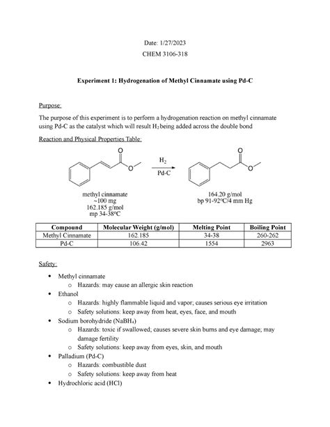 Lab Hydrogenation Of Methyl Cinnamate Using Pd C Date Chem