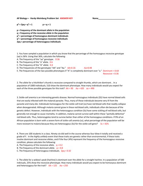 Practice Hardy Weinberg Problems And Answers Hardy Weinberg