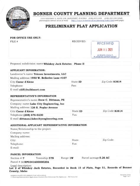 Fillable Online Minor Land Division Application Bonner County Fax