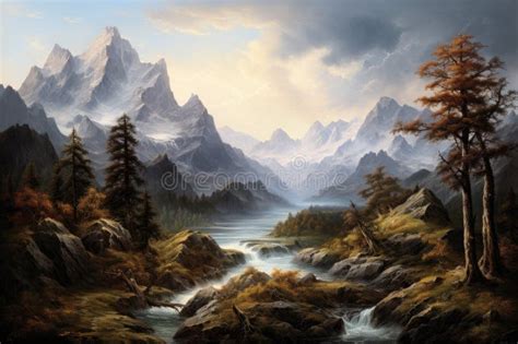 Mountain Landscape With River Renaissance Era Painting Depicting A