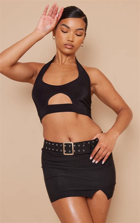 Black Slinky Cut Out Crop Top Tops Prettylittlething