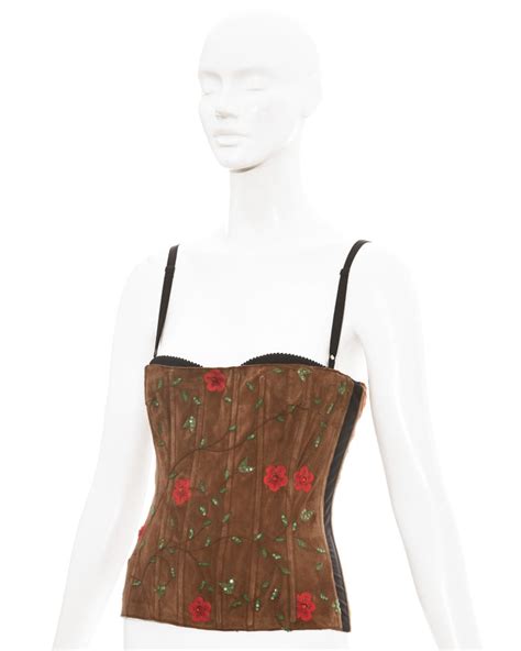 Dolce And Gabbana Brown Suede Embellished Corset 1990s For Sale At 1stdibs