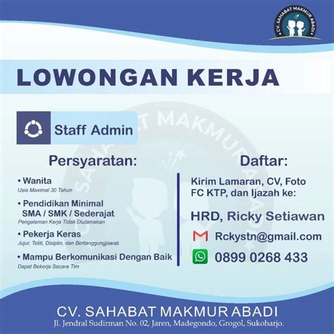 Lowongan Kerja Staff Admin Cv Sahabat Makmur Abadi Info Loker Solo