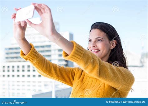 Pretty Brunette Taking Photos With Her Smartphone Stock Image Image Of Long Outdoors