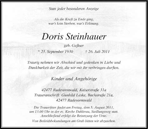 Alle Traueranzeigen F R Doris Steinhauer Trauer Rp Online De