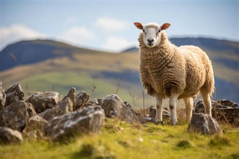 Premium AI Image A Sheep Standing On A Grassy Hill With A Mountain In