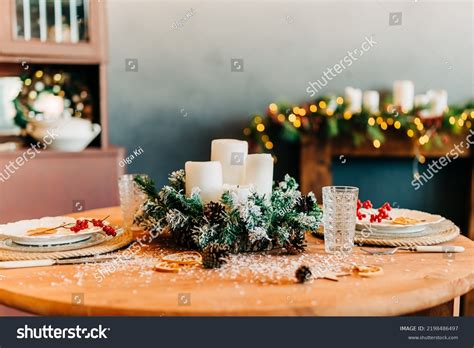 Traditionally Decorated Christmas Table Candles Plates Stock Photo