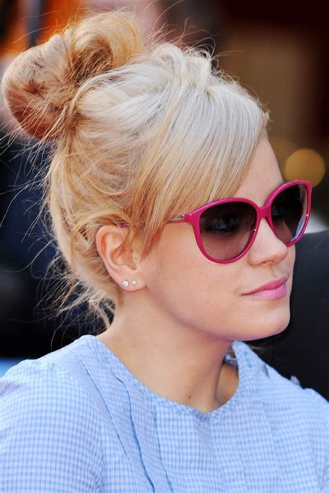 Lily Allen Straight Honey Blonde Bun Sideswept Bangs Hairstyle Steal