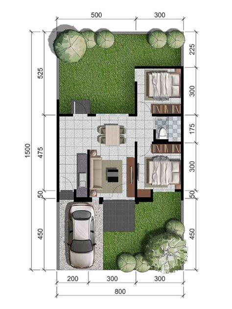 Denah Rumah Minimalis Ukuran 8x15 Meter 2 Kamar Tidur 1 Lantai Tampak